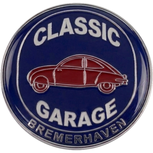 Emblem der Classic Garage Bremerhaven: blaues Rundschild mit rotem Klassiker